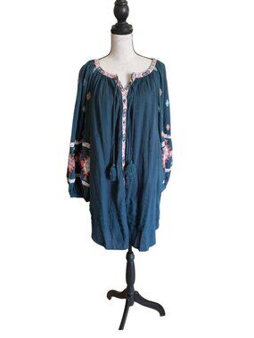 Sundance Boho Chic Shift Dress With Southwestern Embroidered Sleeves Placket New
